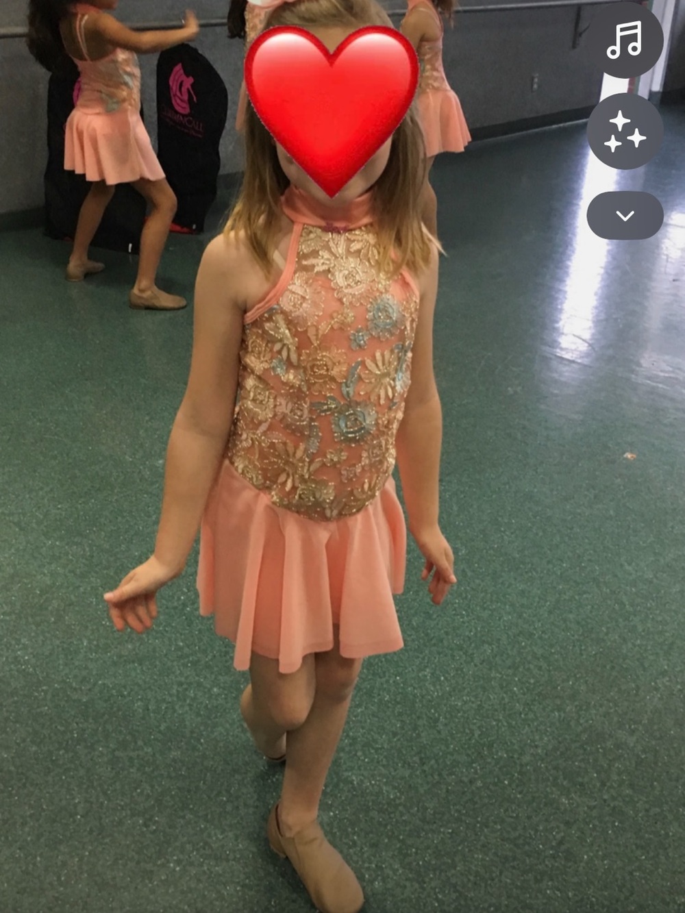 Girls Peach/Coral Floral Detailing Lyrical/Ballet Costume. Excellent condition